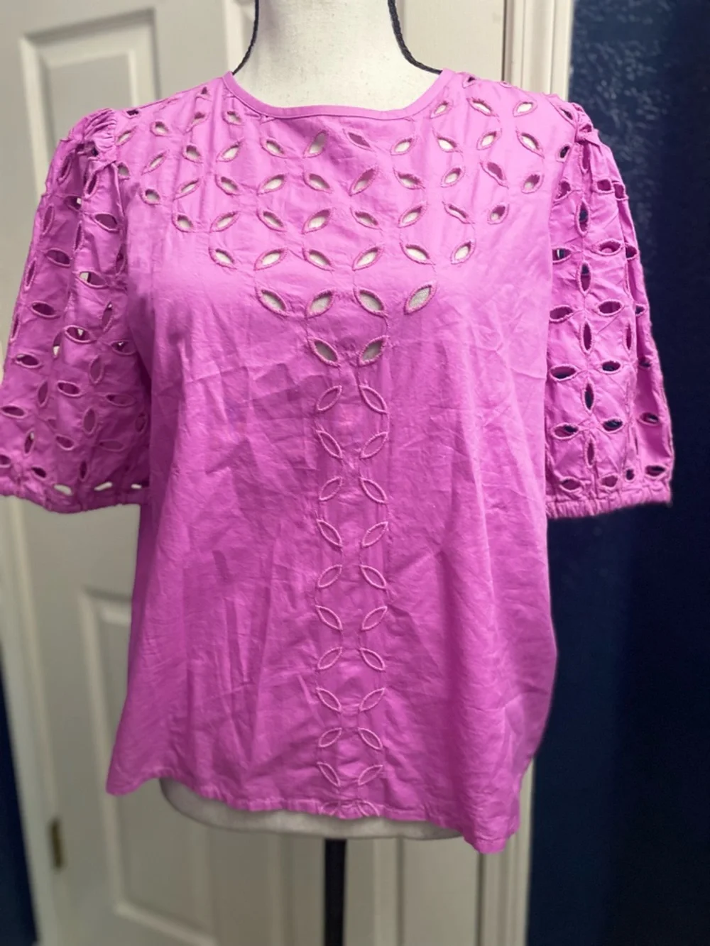 LOFT Pink Eyelet Puff Sleeve Blouse